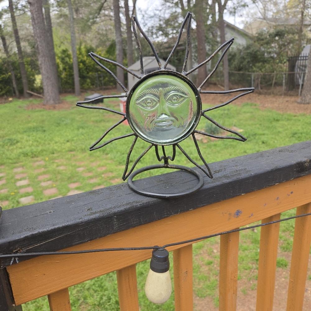 Wrought Iron Green Glass Sun Face Candle Holder GUC